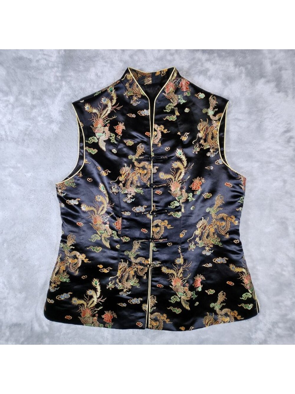 Chinese Style Dragon Embroidered Vest Large Satin Brocade Frog Button Festival
